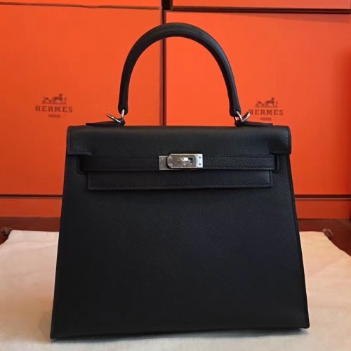 Hermes Black Epsom Kelly 25cm Sellier Handmade Bag