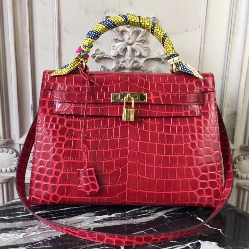 Hermes Kelly 32cm Bag In Dark Red Crocodile Leather