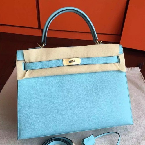 Hermes Blue Atoll Epsom Kelly 32cm Sellier Handmade Bag