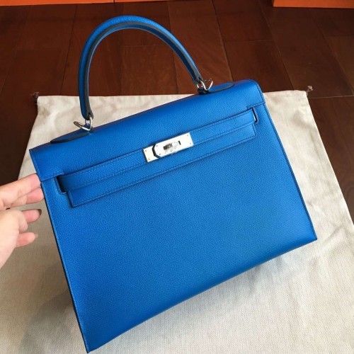 Hermes Blue Epsom Kelly 32cm Sellier Handmade Bag