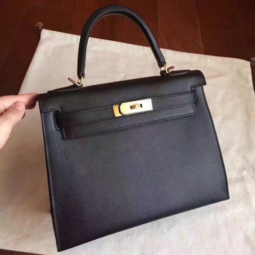 Hermes Black Epsom Kelly Sellier 28cm Handmade Bag