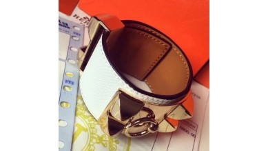 Hermes White Epsom Collier de Chien Bracelet Size S