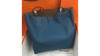 Hermes Double Sens 45cm Tote In Blue/Etoupe Leather