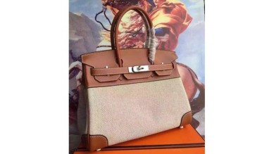 Hermes Canvas Birkin 30cm 35cm Bag With Brown Leather
