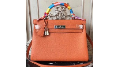Hermes Orange Clemence Kelly 28cm Bag