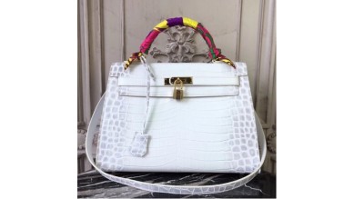 Hermes Kelly 32cm Bag In White Crocodile Leather