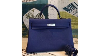 Hermes Blue Clemence Kelly 35cm Handmade Bag
