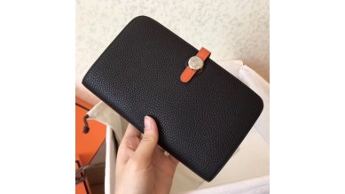 Hermes Bicolor Dogon Duo Wallet In Black/Orange Leather