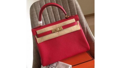 Hermes Red Clemence Kelly Retourne 32cm Handmade Bag