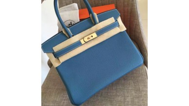 Hermes Blue Jean Clemence Birkin 35cm Handmade Bag