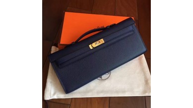 Hermes Sapphire Epsom Kelly Cut Clutch Handmade Bag