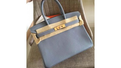 Hermes Blue Lin Clemence Birkin 30cm Handmade Bag
