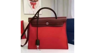 Hermes Herbag Zip PM 31cm Bag In Red Canvas